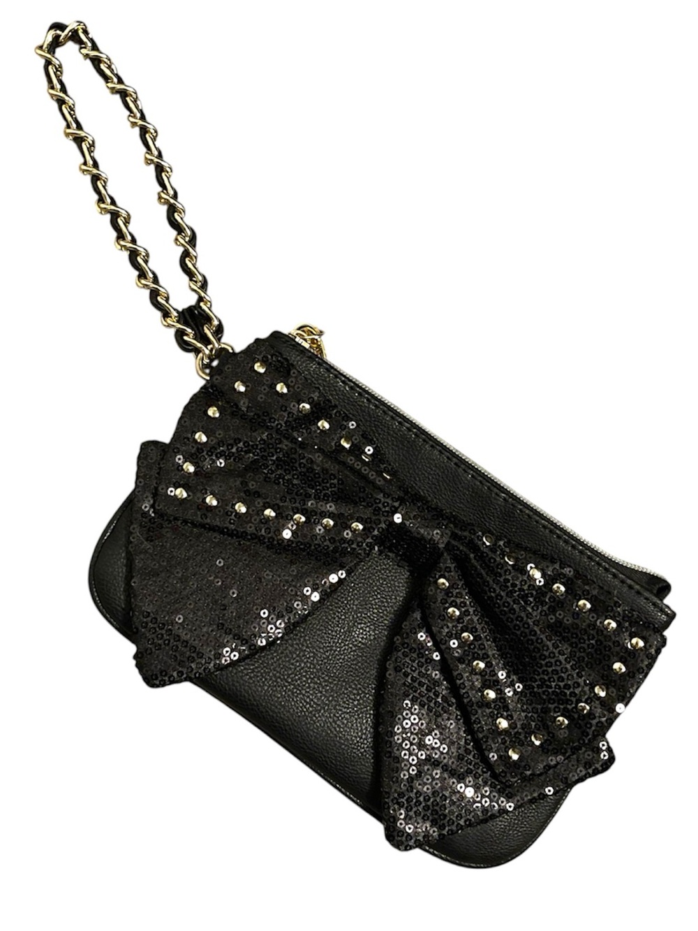 Betsey Johnson Black Sequin Bow Wristlet Clutch with Gold Chain